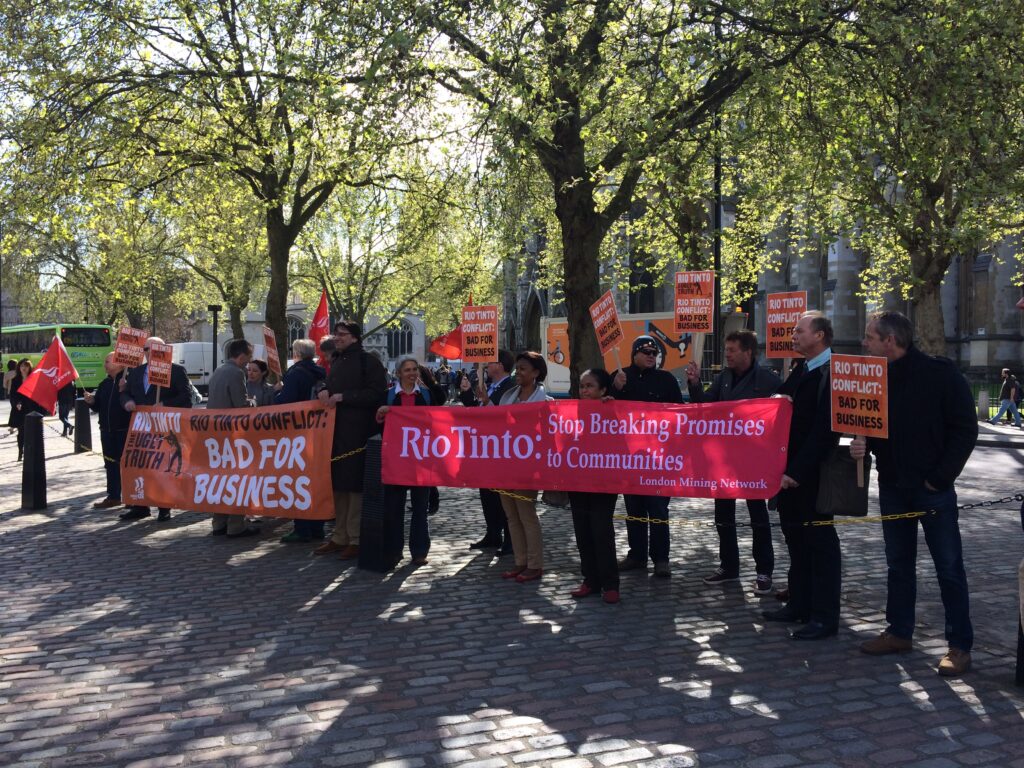 Protestors gathering outside the Rio Tinto AGM in London, April 2014.